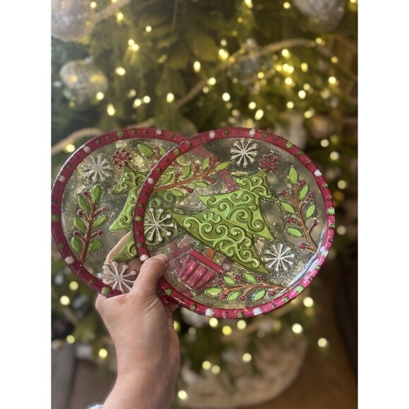 Set of 2 Christmas holiday rare Tree Glass Appetizer Dessert Plates 8” NWT - Picture 8 of 8